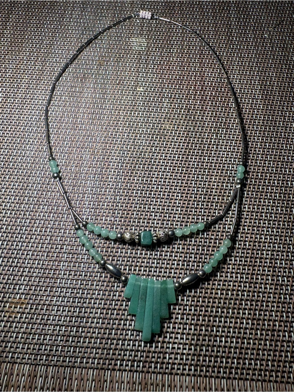 Green Layered Pendant Necklace with Beaded Accents